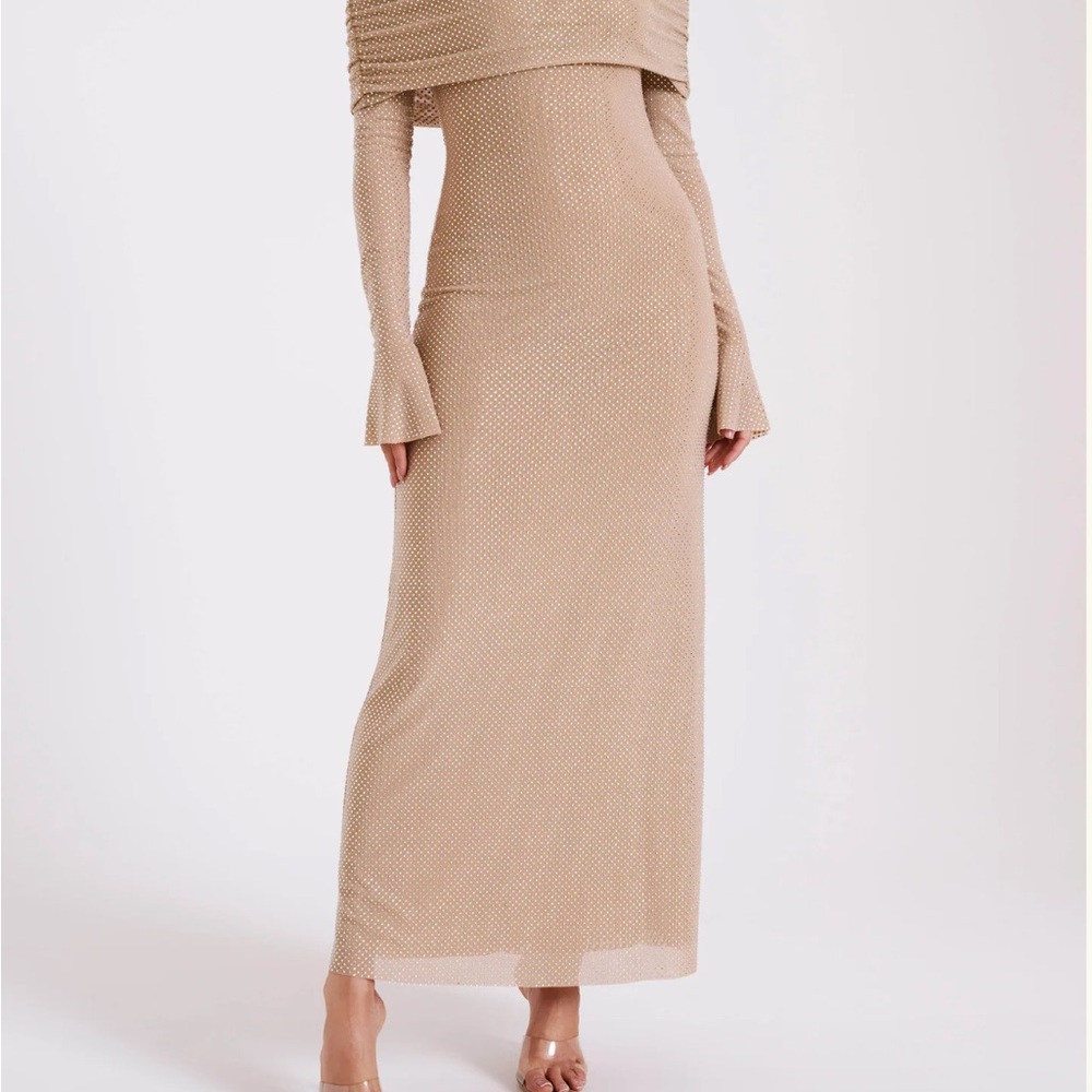 Meshki Sparkle Nude Off-Shoulder Long Sleeve Gown - Picture 4 of 7